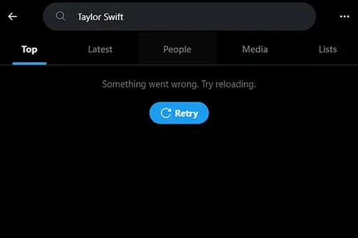 This screenshot made on Monday, Jan. 29, 2024, shows a Taylor Swift search error on social media platform X. X has blocked some searches for Swift as pornographic deepfake images of the singer have circulated online.(AP Photo)
