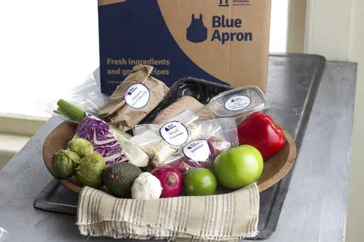This Oct. 6, 2014, file photo shows an example of a home-delivered meal from Blue Apron. Meal kit subscriptions shot up in popularity in 2020, but many customers don’t stay past the initial promotional period. Though a full-price subscription may be more expensive than going to the grocery store, the variety of recipes, convenience of delivery and enticing promotional prices may make a subscription worth the cost, even just temporarily. ( AP Photo/Matthew Mead, File)