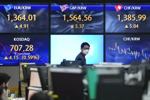 A currency trader walks by the screens showing the foreign exchange rates at a foreign exchange dealing room in Seoul, South Korea, Wednesday, Dec. 21, 2022. Shares were mixed in Asia on Wednesday after a modestly higher close on Wall Street as concerns over pressures on global growth tempered gains in the absence of major data releases. (AP Photo/Lee Jin-man)