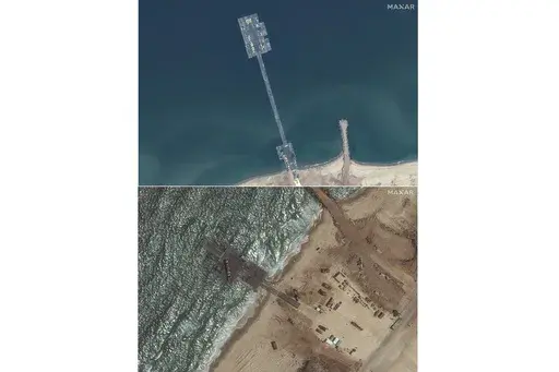 These images released by Maxar Technologies show the newly completed pier in the Gaza Strip on May 18, 2024, top, and the remaining section of the temporary pier on May 29, 2024. A string of security, logistical and weather problems have battered the plan to deliver desperately needed humanitarian aid to Gaza through a U.S. military-built pier. Broken apart by strong winds and heavy seas just over a week after it became operational, the project faces criticism that it hasn’t lived up to its in