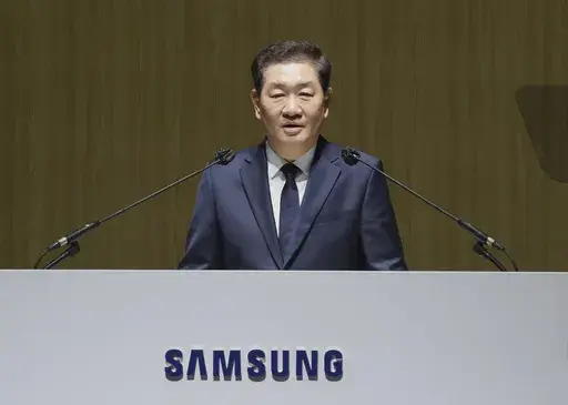 Han Jong-Hee, a senior Samsung Electronics executive credited with elevating the South Korean tech giant's TV business to global leadership, speaks during the company's annual general meeting at the Suwon Convention Center in Suwon, South Korea, Wednesday, March 19, 2025. (Yonhap via AP)