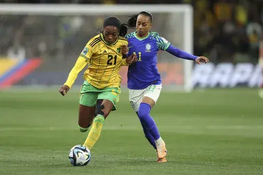 FILE Jamaica's Cheyna Matthews in action against Brazil's Adriana during the Women's World Cup Group F soccer match between Jamaica and Brazil in Melbourne, Australia, Aug. 2, 2023. (AP Photo/Victoria Adkins, File)