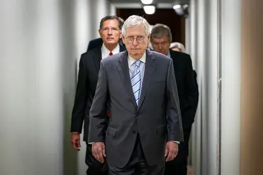 Senate Minority Leader Mitch McConnell, of Ky., arrives to speak to reporters Sept. 7, 2022, ahead of a news conference on Capitol Hill in Washington. As the midterm campaign speeds into its final full month, leading Republicans believe the Senate majority remains firmly within their reach. Democratic strategists privately concede that the GOP’s mounting challenges may not be enough to overcome their own shortcomings. (AP Photo/Jacquelyn Martin, File)
