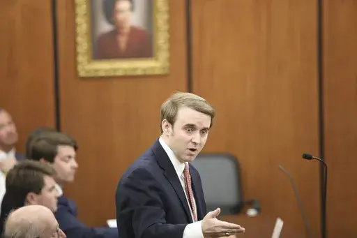 South Carolina Assistant Attorney General Thomas Hydrick argues that a judge should not halt enforcement of the state's new law banning abortion when cardiac activity is detected during a hearing, Friday, May 26, 2023, in Columbia, South Carolina. (AP Photo/Jeffrey Collins)