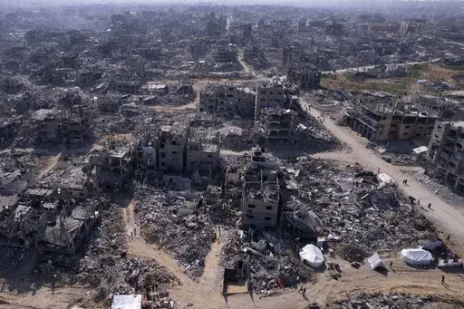 An aerial photograph taken by a drone shows the destruction caused by the Israeli air and ground offensive in Jabaliya, Gaza Strip, Wednesday, Jan. 29, 2025. (AP Photo/Mohammad Abu Samra)
