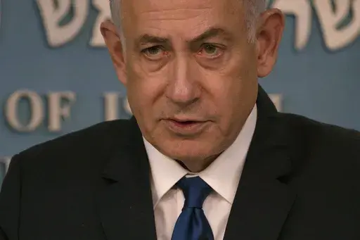 Israeli Prime Minister Benjamin Netanyahu delivers his speech after a meeting with German Chancellor Olaf Scholz in Jerusalem, Sunday, March 17, 2024. (AP Photo/Leo Correa, Pool)