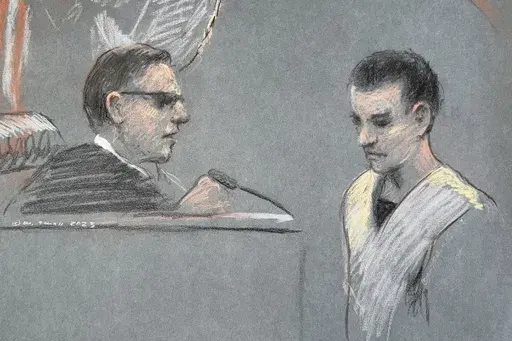 This artist depiction shows Massachusetts Air National Guardsman Jack Teixeira, right, appearing in U.S. District Court in Boston, April 14, 2023. Teixeira has been indicted on federal felony charges. The Justice Department says Teixeira faces six counts in the indictment of willful retention and transmission of national defense information. (Margaret Small via AP, File)