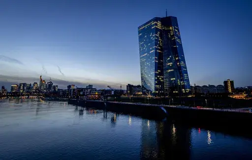 The European Central Bank is pictured in Frankfurt, Germany, Wednesday, March 15, 2023. Inflation in the 20 countries that use the euro slowed to 6.9 percent in March, the lowest level in a year, as food costs continued to rise while energy prices fell, making a sharp turnaround after months of punishing increases. (AP Photo/Michael Probst, File)
