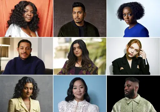 This combination of photos shows AP's 2022 breakthrough entertainers of the year. Actor/recording artist Joaquina Kalukango, top row from left, actor Tenoch Huerta, actor Danielle Deadwyler, actor Daryl McCormack, middle row from left, actor Iman Vellani, actor Sadie Sink, actor Simone Ashley, bottom row from left, actor Stephanie Hsu, and actor/recording artist Tobe Nwigwe. (AP Photo)