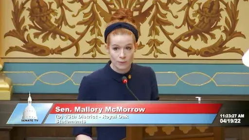 This image taken from video provided by the Michigan Senate shows Sen. Mallory McMorrow speaking on Tuesday, April 19, 2022. The Michigan lawmaker, mother and LGBTQ rights backer who was falsely accused of wanting to "groom' kids" by a Republican colleague drew widespread praise for defending herself in a 5-minute speech from the Senate floor. McMorrow, who has not gotten an apology, said she will not stop forcefully addressing such attacks. (Michigan Senate via AP)