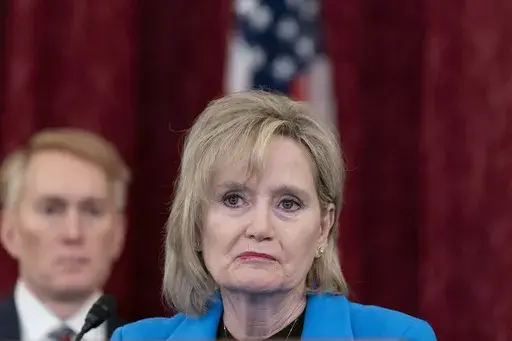 U.S. Sen. Cindy Hyde-Smith, R-Miss., speaks to media, Wednesday, Oct. 18, 2023, on Capitol Hill in Washington. A shooting took place Sunday, Oct. 22, near the Mississippi home of Hyde-Smith, state investigators announced Monday, Oct. 23. (AP Photo/Stephanie Scarbrough, File)