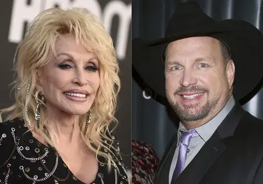 Dolly Parton appears at the Rock & Roll Hall of Fame Induction Ceremony in Los Angeles on Nov. 5, 2022, left, and Garth Brooks appears at the George H.W. Bush Points of Light Awards Gala in New York on Sept. 26, 2019. Parton and Brooks will host the ACM Awards in May. (AP Photo)