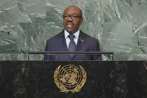 President of Gabon Ali Bongo Ondimba addresses the 77th session of the United Nations General Assembly, Wednesday, Sept. 21, 2022 at U.N. headquarters. Nearly a dozen soldiers took to state television and said they were overturning the presidential election and called for calm among the population Wednesday, Aug. 30, 2023.(AP Photo/Mary Altaffer, File)