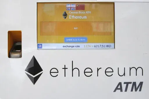 An ethereum ATM is seen in Hong Kong, Friday, May 11, 2018. A complex software change enacted Wednesday, Sept. 14, 2022, to the cryptocurrency ethereum holds the potential to dramatically reduce its energy consumption — and resulting climate-related pollution. But the transition known as "the merge" is not going to do the trick by itself. (AP Photo/Kin Cheung, File)