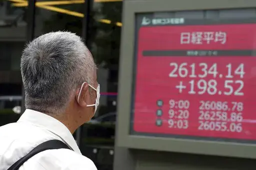 A person wearing a protective mask watches an electronic stock board showing Japan's Nikkei 225 index at a securities firm Monday, July 4, 2022, in Tokyo. Shares were mixed in Asia on Monday while U.S. futures fell ahead of the July 4 holiday in the U.S. (AP Photo/Eugene Hoshiko)