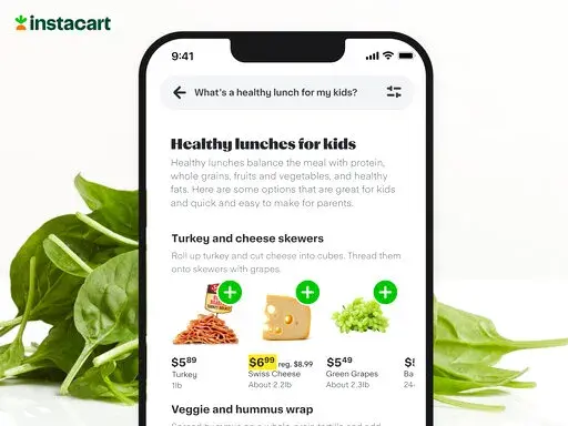 This illustration released by Instacart depicts the grocery delivery company's app which can integrate ChatGPT to answer customers' food questions. (Instacart, Inc. via AP)