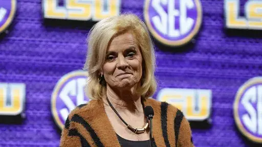 LSU NCAA women's college basketball head coach Kim Mulkey speaks during Southeastern Conference Media Days, Thursday, Oct. 19, 2023, in Birmingham, Ala. (AP Photo/Mike Stewart)