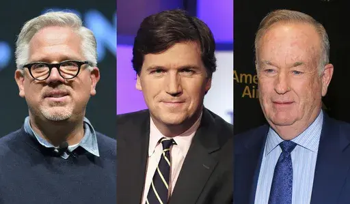 This combination of photos shows former Fox News personalities Glenn Beck, left, Tucker Carlson, center, and Bill O'Reilly. (AP Photo)