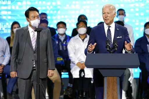 President Joe Biden delivers remarks with South Korean President Yoon Suk Yeol as they visit the Samsung Electronics Pyeongtaek campus, Friday, May 20, 2022, in Pyeongtaek, South Korea. (AP Photo/Evan Vucci)