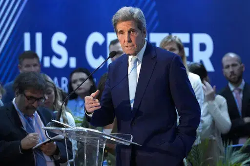 U.S. Special Presidential Envoy for Climate John Kerry speaks during a session on accelerating clean energy at the COP27 U.N. Climate Summit, Nov. 9, 2022, in Sharm el-Sheikh, Egypt. U.S. climate envoy John Kerry told The Associated Press on Sunday, Jan. 15, 2023, that he backs the United Arab Emirates' decision to appoint the CEO of a state-run oil company to preside over the upcoming U.N. climate negotiations in Dubai, citing his work on renewable energy projects. (AP Photo/Peter Dejong, File)