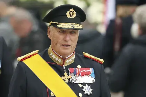 King Harald V of Norway leaves the Notre Dame cathedral after attending at the funeral of the Grand Duke Jean of Luxembourg, in Luxembourg, on May 4, 2019. Norwegian royal officials say that King Harald V of Norway has been hospitalized with an infection while on vacation in Malaysia. (AP Photo/Francisco Seco, File)