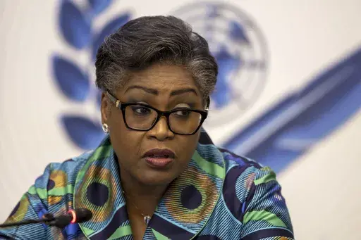 Prime Minister of the Democratic Republic of Congo Judith Suminwa talks to journalists during a press conference organized by the Geneva Association of United Nations Correspondents (ACANU), at a side event of the High-Level Segment of the 58th session of the Human Rights Council at the European headquarters of the United Nations in Geneva, Switzerland, Monday, Feb. 24, 2025. (Salvatore Di Nolfi/Keystone via AP)