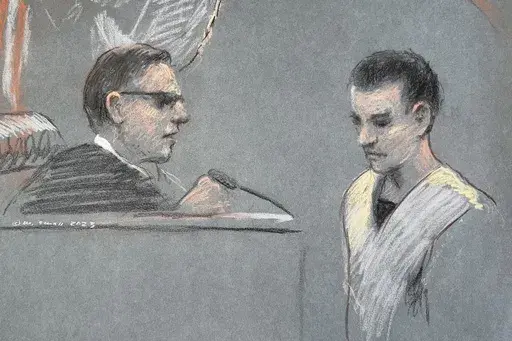 This artist depiction shows Massachusetts Air National Guardsman Jack Teixeira, right, appearing in U.S. District Court in Boston, April 14, 2023. The Pentagon on Wednesday announced plans to tighten protection for classified information following the explosive leaks of hundreds of intelligence documents that were accessed through security gaps at a Massachusetts Air National Guard base. Texeira, 21, is accused of leaking the highly classified military documents in a chatroom on Discord, a socia