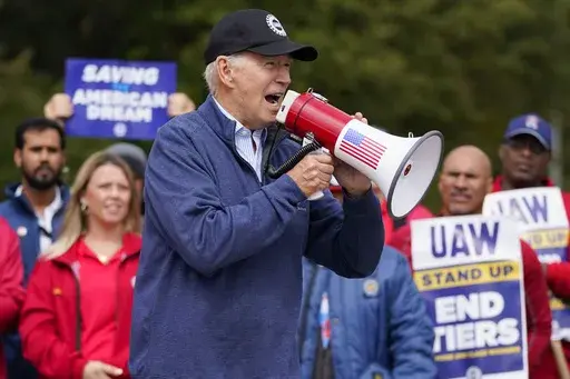 President Joe Biden joins striking United Auto Workers on the picket line, Sept. 26, 2023, in Van Buren Township, Mich. Michigan Democrats have warned the White House that Biden’s response to the Israel-Hamas war could put his reelection campaign in jeopardy in the key swing state next year. The state holds the largest concentration of Arab Americans in the nation and many in the community are pledging to coalesce against Biden’s reelection campaign unless he calls for a ceasefire in the war