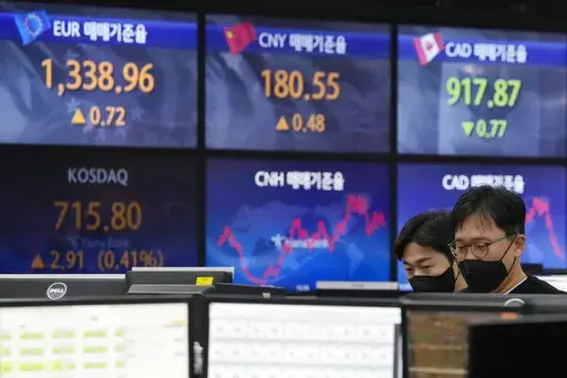 Currency traders watch monitors at the foreign exchange dealing room of the KEB Hana Bank headquarters in Seoul, South Korea, Friday, Jan. 20, 2023. Asian stock markets rose Friday after Wall Street losses deepened as worries grow that the U.S. economy is headed for recession. (AP Photo/Ahn Young-joon)