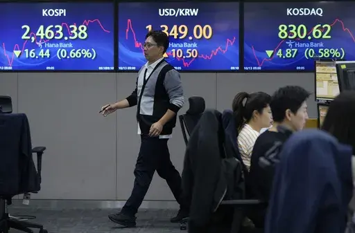 A currency trader passes by the screens showing the Korea Composite Stock Price Index (KOSPI), left, and the foreign exchange rate between U.S. dollar and South Korean won, center, at the foreign exchange dealing room of the KEB Hana Bank headquarters in Seoul, South Korea, Friday, Oct. 13, 2023. Asian markets slipped on Friday following a decline in Wall Street driven by mounting pressure from rising bond market yields.(AP Photo/Ahn Young-joon)
