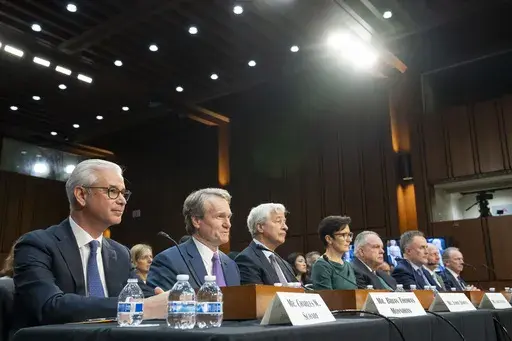 Charles W. Scharf, CEO and President, Wells Fargo & Company; Brian Thomas Moynihan, Chairman and CEO, Bank of America; Jamie Dimon, Chairman and CEO, JPMorgan Chase & Co.; Jane Fraser, CEO, Citigroup; Ronald O'Hanley, CEO, State Street; Robin Vince, CEO, BNY Mellon; David Solomon, CEO, Goldman Sachs; and James P. Gorman, CEO, Morgan Stanley, testify during a Senate Banking, Housing, and Urban Affairs Committee oversight hearing to examine Wall Street firms on Capitol Hill, Wednesday, Dec. 6, 202
