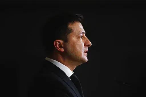 Ukraine's President Volodymyr Zelenskyy speaks during a media conference at an Eastern Partnership Summit in Brussels, Dec. 15, 2021. (Johanna Geron/ Pool Photo via AP, File)