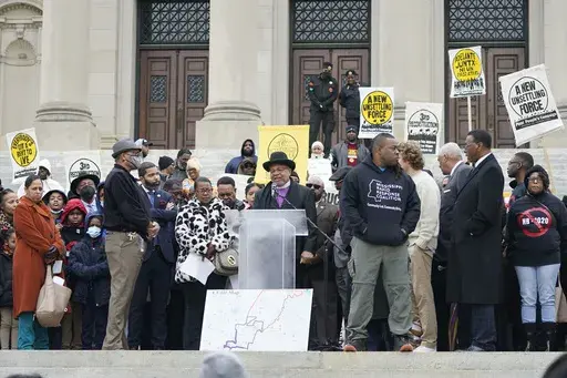 More than 200 people gather on the steps of the Mississippi Capitol on Jan. 31, 2023, to protest against a bill that would expand the patrol territory for the state-run Capitol Police within the majority-Black city of Jackson and create a new court with appointed rather than elected judges. (AP Photo/Rogelio V. Solis, File)