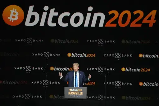 Republican presidential candidate former President Donald Trump speaks at the Bitcoin 2024 Conference Saturday, July 27, 2024, in Nashville, Tenn. (AP Photo/Mark Humphrey, File)