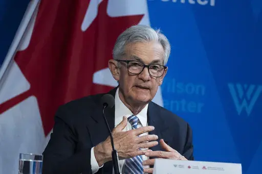 Federal Reserve Chair Jerome Powell participates in a Washington Forum on the Canadian Economy, together with Tiff Macklem, Governor of the Bank of Canada, Wednesday, April 16, 2025, in Washington. (AP Photo/Manuel Balce Ceneta)