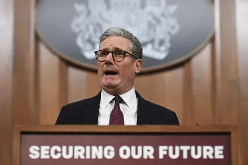 Britain's Prime Minister Keir Starmer speaks at a press conference following this morning's virtual summit video conference at 10 Downing Street in London, England, March 15, 2025. (Leon Neal/Pool Photo via AP)