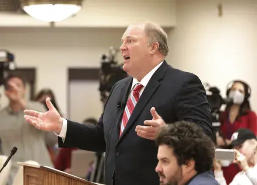 Michael Gableman delivers remarks to members of the Wisconsin Assembly elections committee at the State Capitol in Madison, Wis., Tuesday, March 1, 2022. The Republican-hired investigator of Wisconsin’s 2020 election said Tuesday that the state Legislature should “take a very hard look at the option of decertification of the 2020” presidential election, a move that GOP leaders reiterated they won't make and that nonpartisan attorneys have said is illegal. (John Hart/Wisconsin State Journal