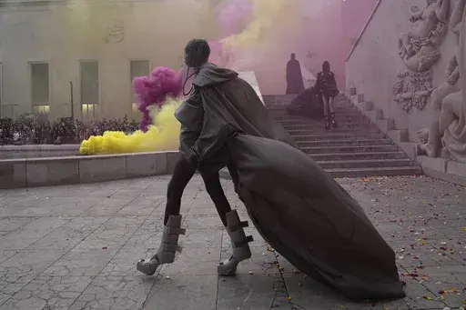 A model wears a creation for Rick Owens Spring/Summer 2024 womenswear fashion collection presented Thursday, Sept.28, 2023 in Paris. (AP Photo/Michel Euler)
