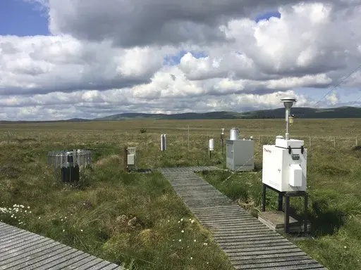 This photo provided by the National Physical Laboratory in June 2023 shows air sampling filters stationed at the Auchencorth Moss research facility in Scotland. In a study published Monday, May 5, 2023, in the journal Current Biology, researchers found that air quality monitoring stations — which pull in air to test for pollution — also pick up lots of DNA that can identify local wildlife. The method could help solve the tricky challenge of keeping tabs on biodiversity. (National Physical La