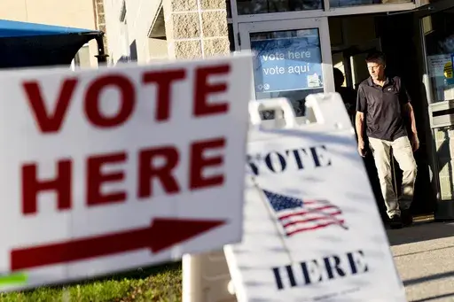 Signs point to the entrance on the last day of early voting before the midterm election as a man walks out of a polling site in Cranston, R.I., on Nov. 7, 2022. Almost half of all voters in the 2022 midterm elections cast their ballots before Election Day either by mail or through early voting, with Asian and Hispanic voters leading the way, new data from the U.S. Census Bureau released Tuesday, May 2, 2023, shows, even as Republican-led states have tightened rules on voting by mail. (AP Photo/D