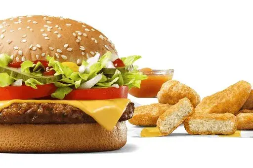 This image released by McDonald’s shows the McPlant plant-based burger and and the new plant-based McPlant Nuggets. The nuggets will be available along with the burger at McDonald’s restaurants in Germany starting Feb. 22. (McDonald’s via AP)