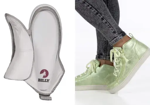 This combination of photos show adaptive shoes by Billy Footwear. More companies are offering adaptive wear and accessories. (Billy Footwear via AP).