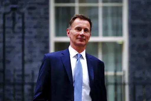 Jeremy Hunt leaves 10 Downing Street in London after he was appointed Chancellor of the Exchequer following the resignation of Kwasi Kwarteng, Friday Oct. 14, 2022. Chancellor of the Exchequer Kwasi Kwarteng said he has accepted Prime Minister Liz Truss' request he "stand aside" as Chancellor, paying the price for the chaos unleashed by his mini-budget. (Victoria Jones/PA via AP)