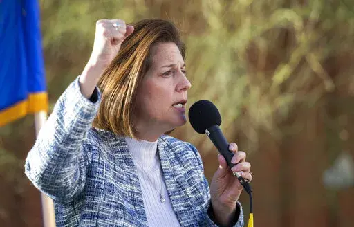 U.S. Sen. Catherine Cortez Masto, D-Nev., speaks during a campaign stop at the Nevada State AFL-CIO offices in Henderson, Nev., Sunday, Nov. 6, 2022. Masto is running against Republican candidate Adam Laxalt. (Steve Marcus/Las Vegas Sun via AP)