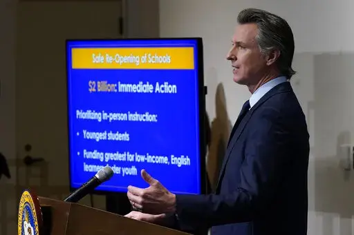 California Gov. Gavin Newsom speaks about his 2021-2022 state budget proposal during a news conference in Sacramento, Calif., on Jan. 8, 2021. On Monday, Jan. 10, 2022, Newsom will unveil his proposed 2022-2023 budget plan. (AP Photo/Rich Pedroncelli, Pool, File)