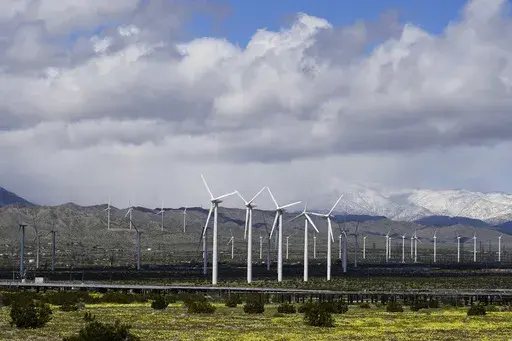 Wind turbines stand in fields near Palm Springs, Calif, March 22, 2023. Electricity generated from renewables surpassed coal in the United States for the first time in 2022, the U.S. Energy Information Administration announced Monday, March 27, 2023. (AP Photo/Ashley Landis, File)