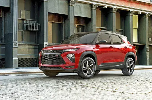 This photo provided by General Motors shows the 2022 Chevrolet Trailblazer, a small SUV that gets 28-31 mpg in combined highway and city driving. (Courtesy of General Motors via AP)