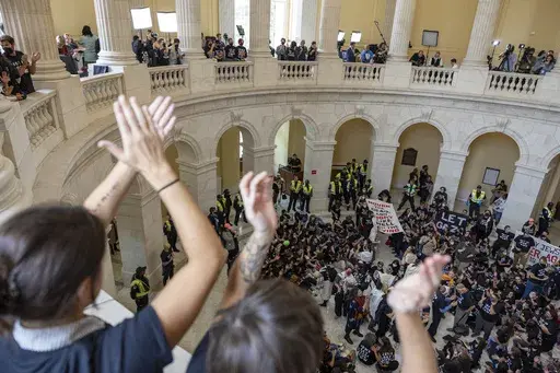 Demonstrators, calling for a ceasefire in the ongoing war between Israel and Hamas, chant and cheer during a protest inside the Cannon House Office Building at the Capitol in Washington on Wednesday, Oct. 18, 2023. (AP Photo/Amanda Andrade-Rhoades, File)