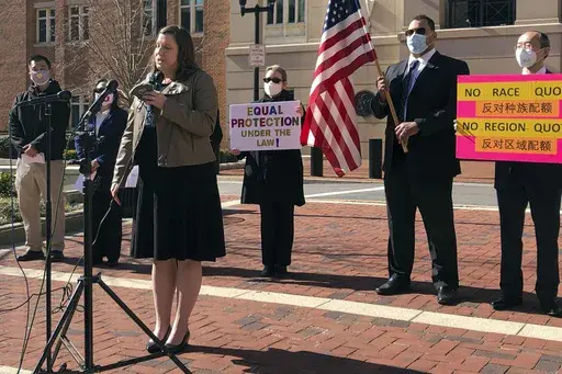 Pacific Legal Foundation attorney Erin Wilcox speaks at a news conference outside the federal courthouse on March 10, 2021, in Alexandria, Va., where her organization filed a lawsuit against Fairfax County's school board, alleging discrimination against Asian Americans over its revised admissions process for the elite Thomas Jefferson High School for Science and Technology. A federal appeals court’s ruling in May 2023 about the admissions policy at the elite public high school may provide a ve