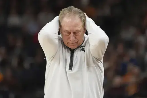 Michigan State head coach Tom Izzo reacts during the second half of an NCAA college basketball game against Purdue in the quarterfinal round of the Big Ten Conference tournament, Friday, March 15, 2024, in Minneapolis. (AP Photo/Abbie Parr)